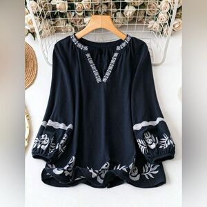 💋Sadio - NWT - Boho Lantern Sleeve Blouse (Navy)